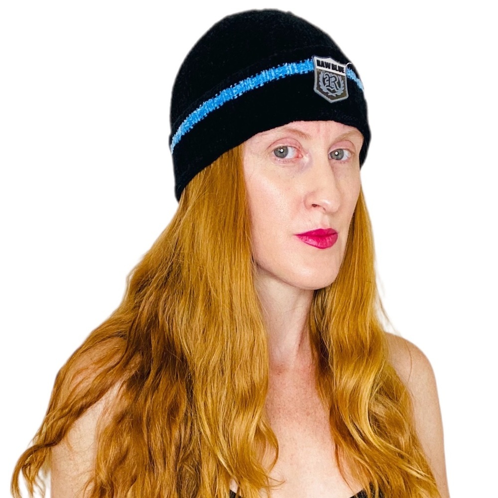 Vintage Raw Blue Black Y2K 90’s Stripe Velvet Hat